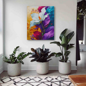 three potted plants sit in front of a painting on the wall