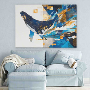 a living room with a blue couch and a painting on the wall