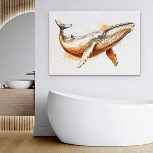 a bathroom with a bathtub and a painting of a whale