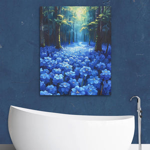 a painting of blue flowers in a bathroom