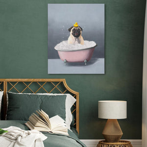 a pug dog taking a bath in a pink bathtub