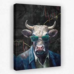 a painting of a bull wearing sunglasses and a suit