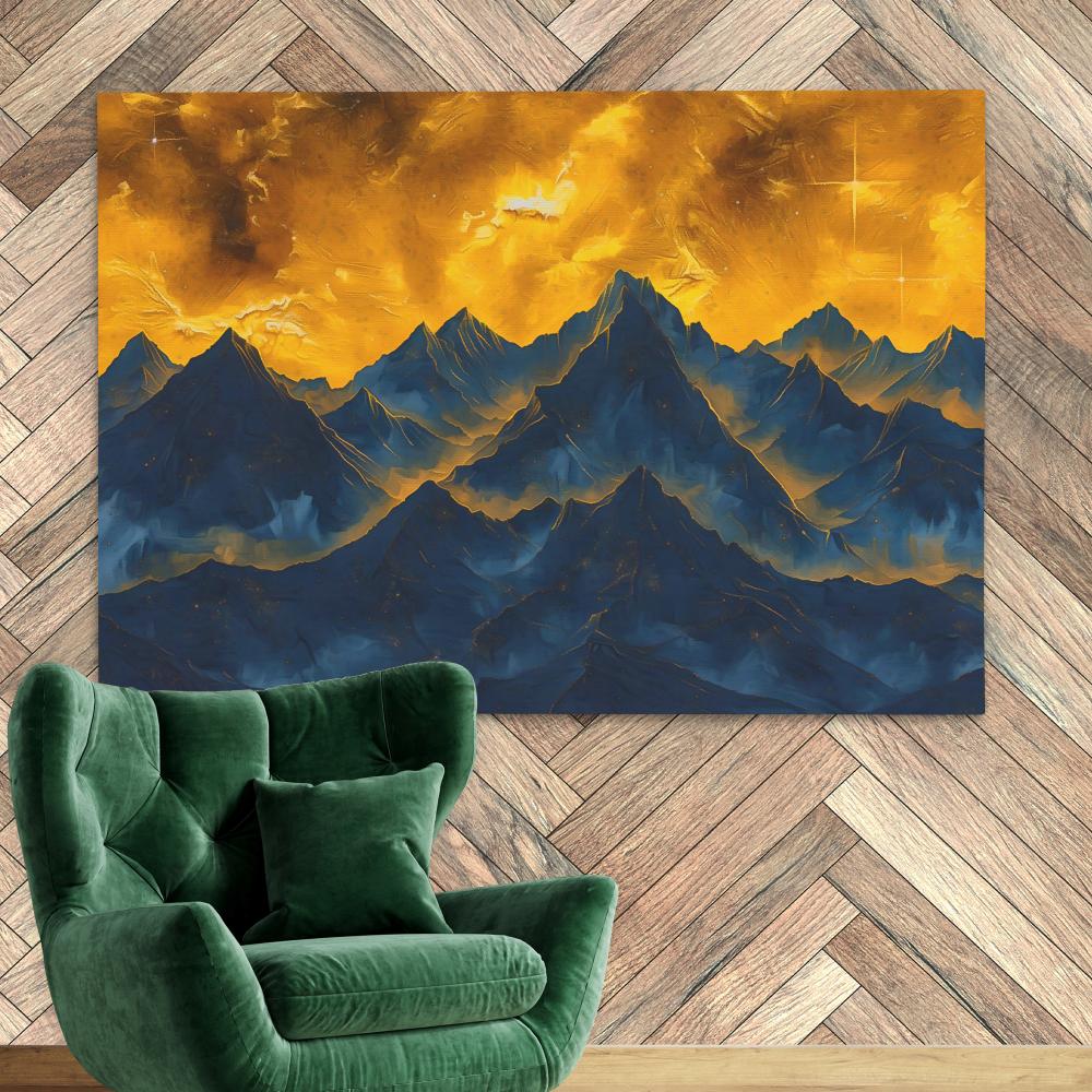 a painting on a wall of a mountain range