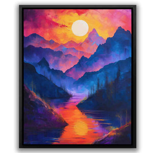 a painting of a sunset over a mountain lake