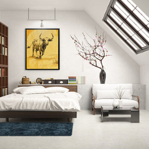 a bedroom with a bed, a couch, and a painting on the wall