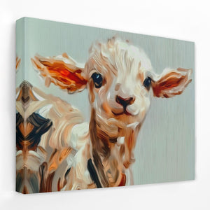 a painting of a baby lamb with a red ear