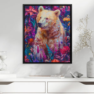 a painting of a bear surrounded by flowers