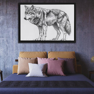 a drawing of a wolf on a wall above a bed