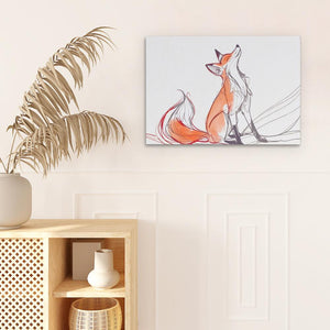 a painting of a fox sitting on a shelf next to a potted plant