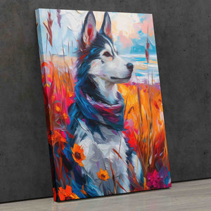 a painting of a husky dog in a field of flowers