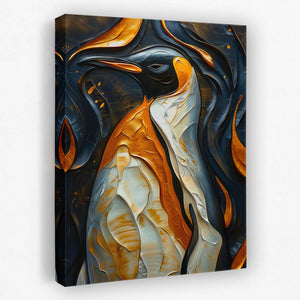 a painting of a penguin with orange and black feathers