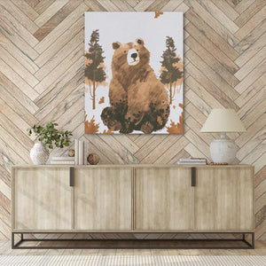 a picture of a bear is hanging on a wall