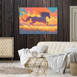 a painting of a horse running in a field