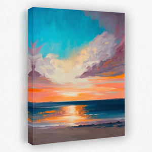 a painting of a sunset over the ocean