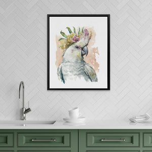 a watercolor painting of a cockatoo in a kitchen