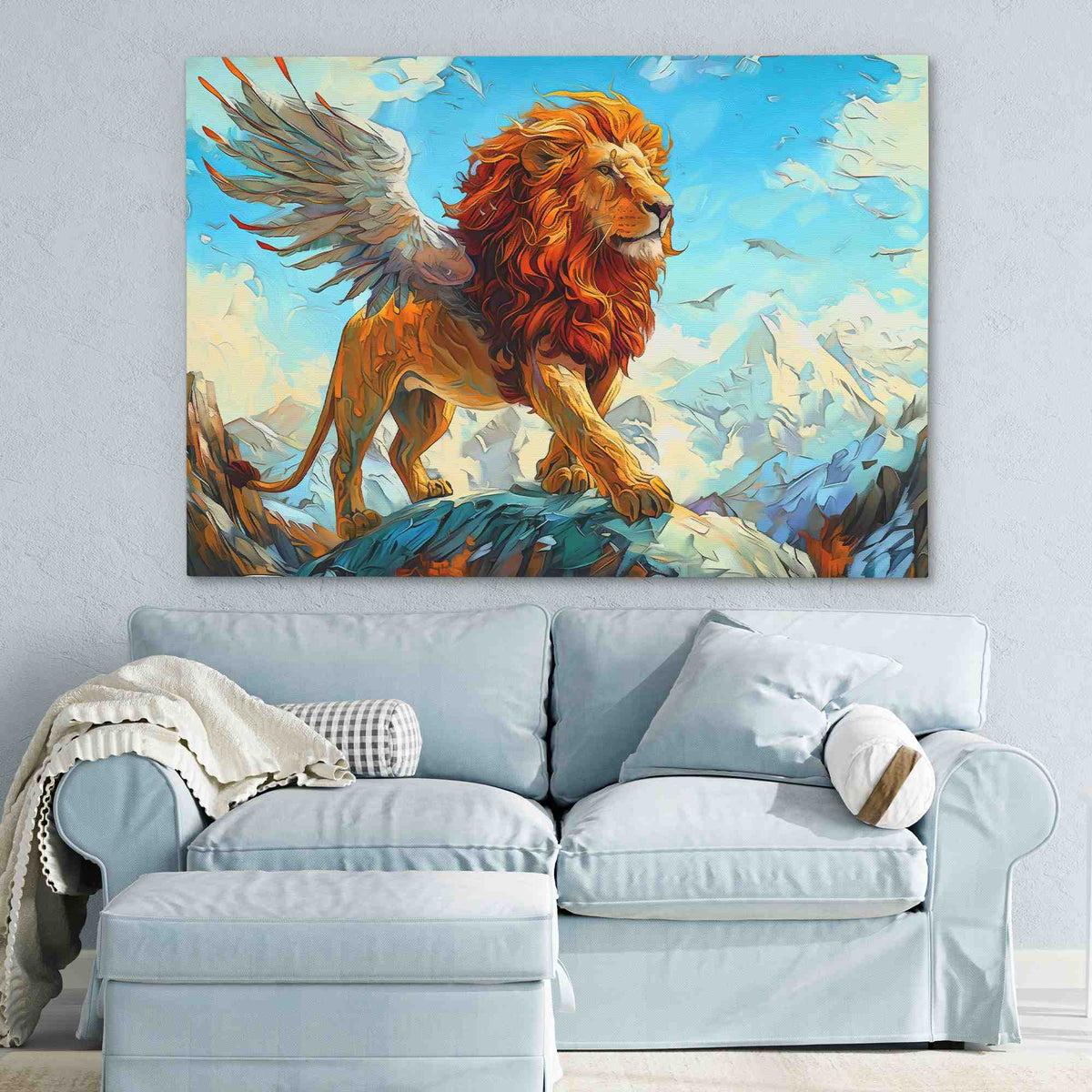 a painting of a lion on a wall above a couch
