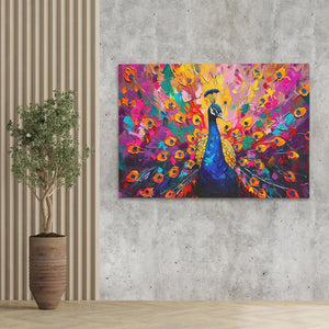 a painting of a peacock on a wall next to a potted plant