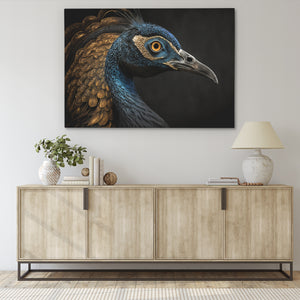 a painting of a peacock on a wall above a dresser