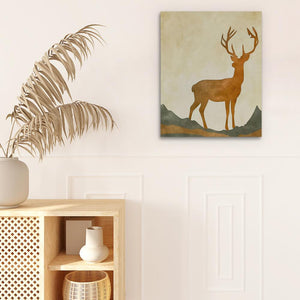 a painting of a deer on a wall next to a potted plant