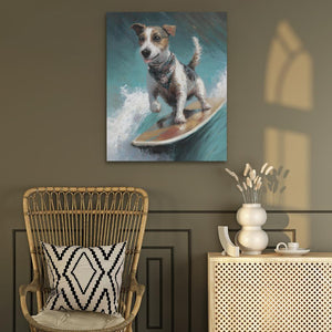 a painting of a dog riding a surfboard