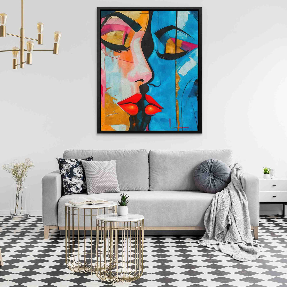 a living room with a couch and a painting on the wall