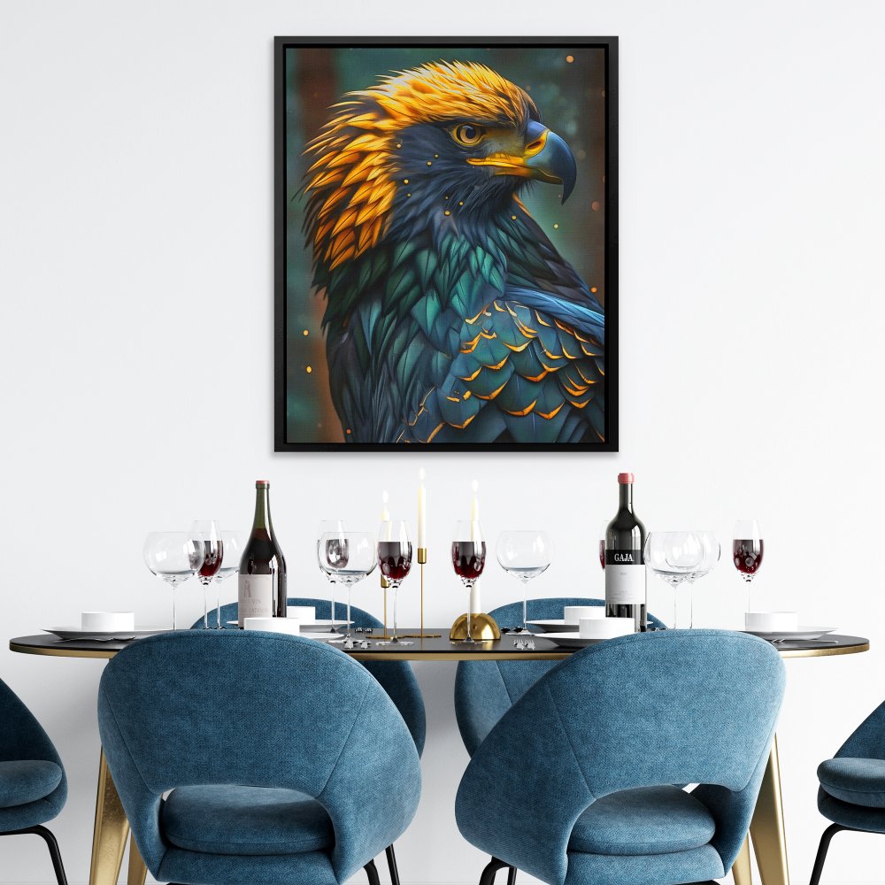 a painting of a colorful bird on a white wall