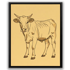 a drawing of a cow on a yellow background