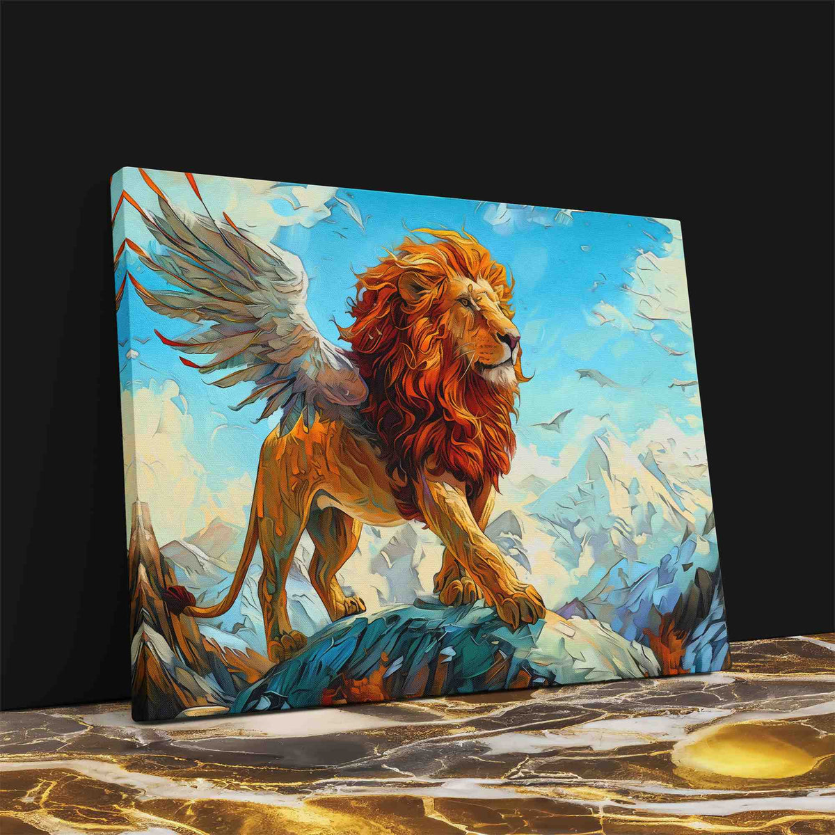 a painting of a lion standing on a rock