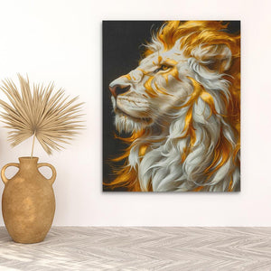 a painting of a lion on a wall next to a vase