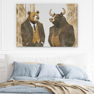 a painting of two bears in suits on a wall above a bed