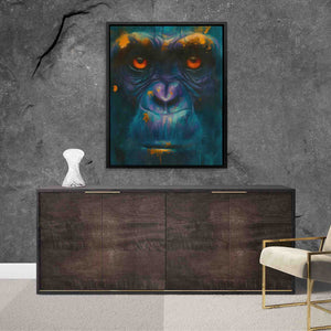 a painting of a monkey on a wall next to a chair