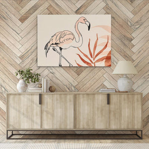 a painting of a flamingo on a wall next to a sideboard