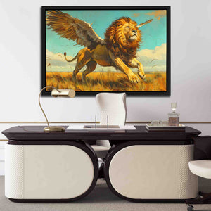 a painting of a lion on a wall above a desk