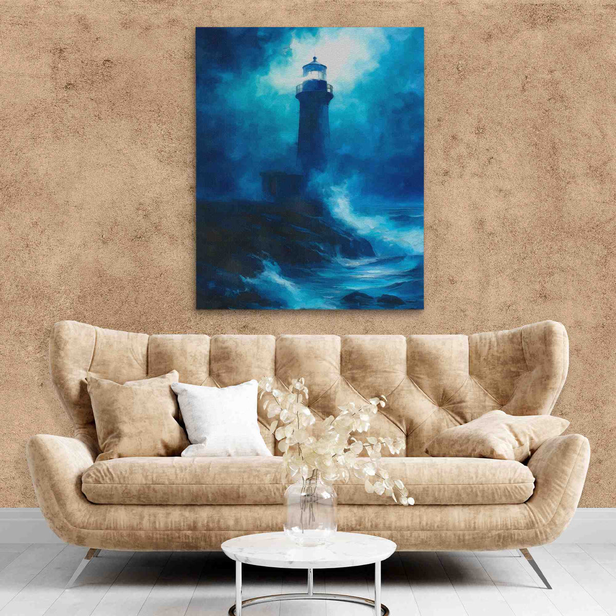 a living room with a couch and a painting on the wall