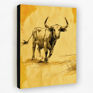 a painting of a bull walking across a field