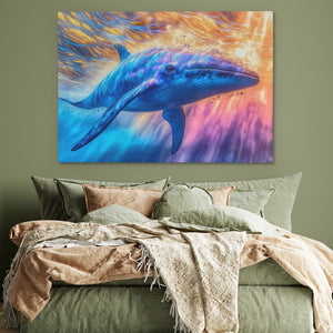 a painting of a dolphin on a wall above a bed