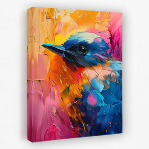 a painting of a colorful bird on a canvas