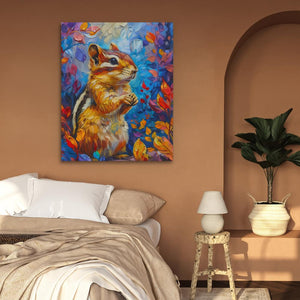 a painting of a squirrel on a wall above a bed