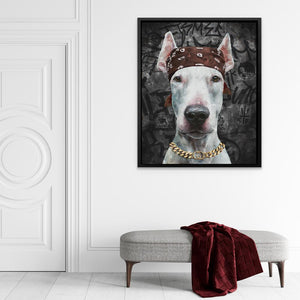 a white dog with a brown bandana on his head