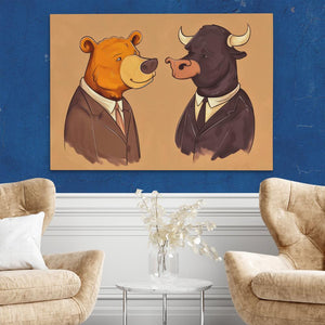 a painting of two bears in suits facing each other