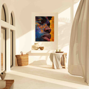 a white room with a painting on the wall