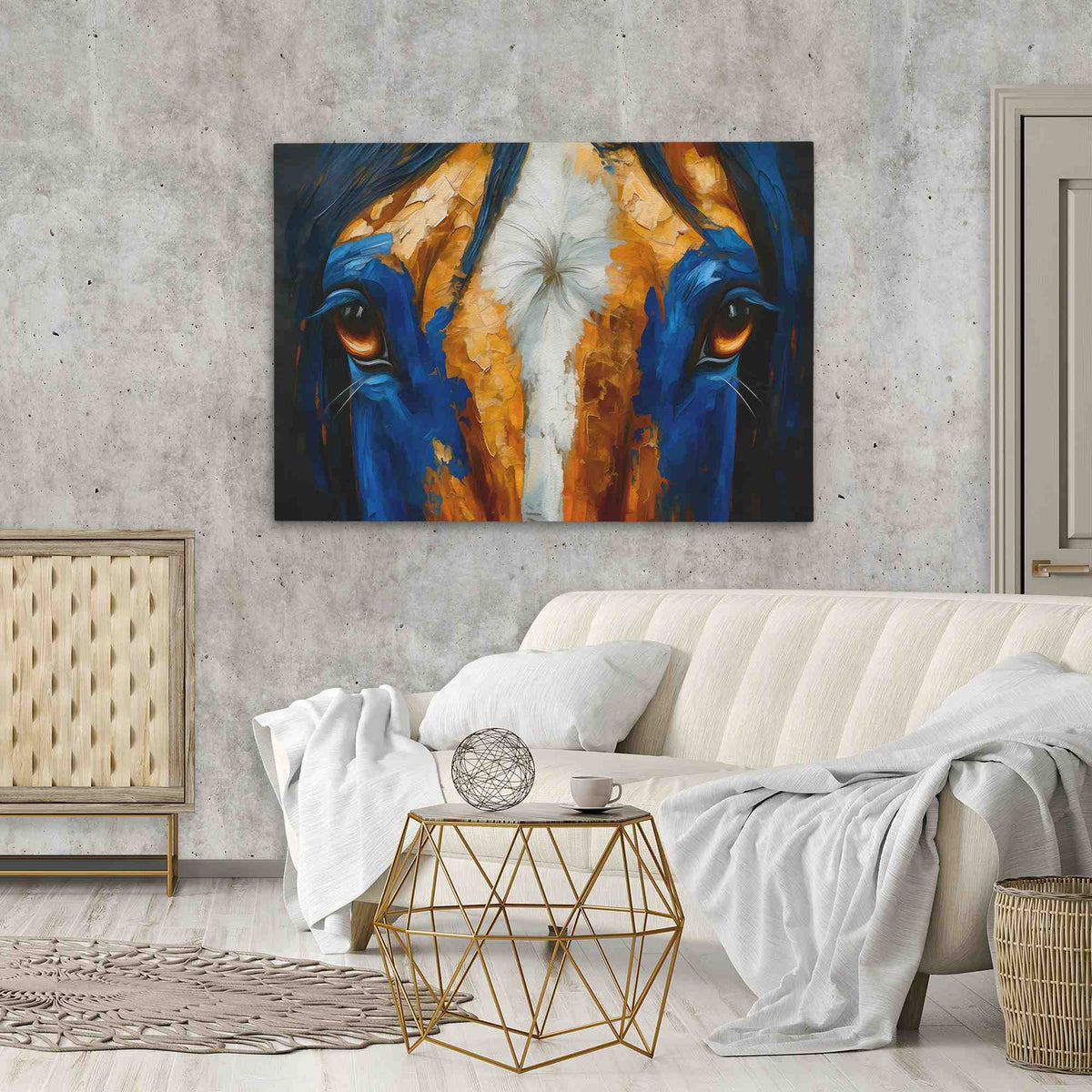 a living room with a couch and a painting on the wall