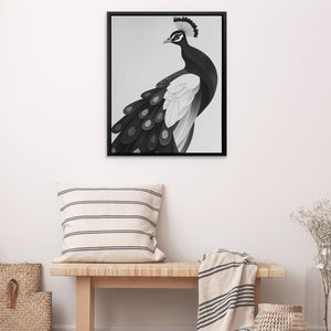 a black and white picture of a peacock on a wall