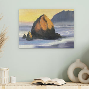 a painting of a rock in the ocean