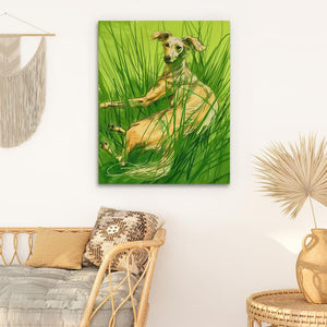 a painting of a dog sitting in the grass