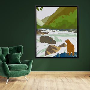 a green chair in a room with a painting on the wall