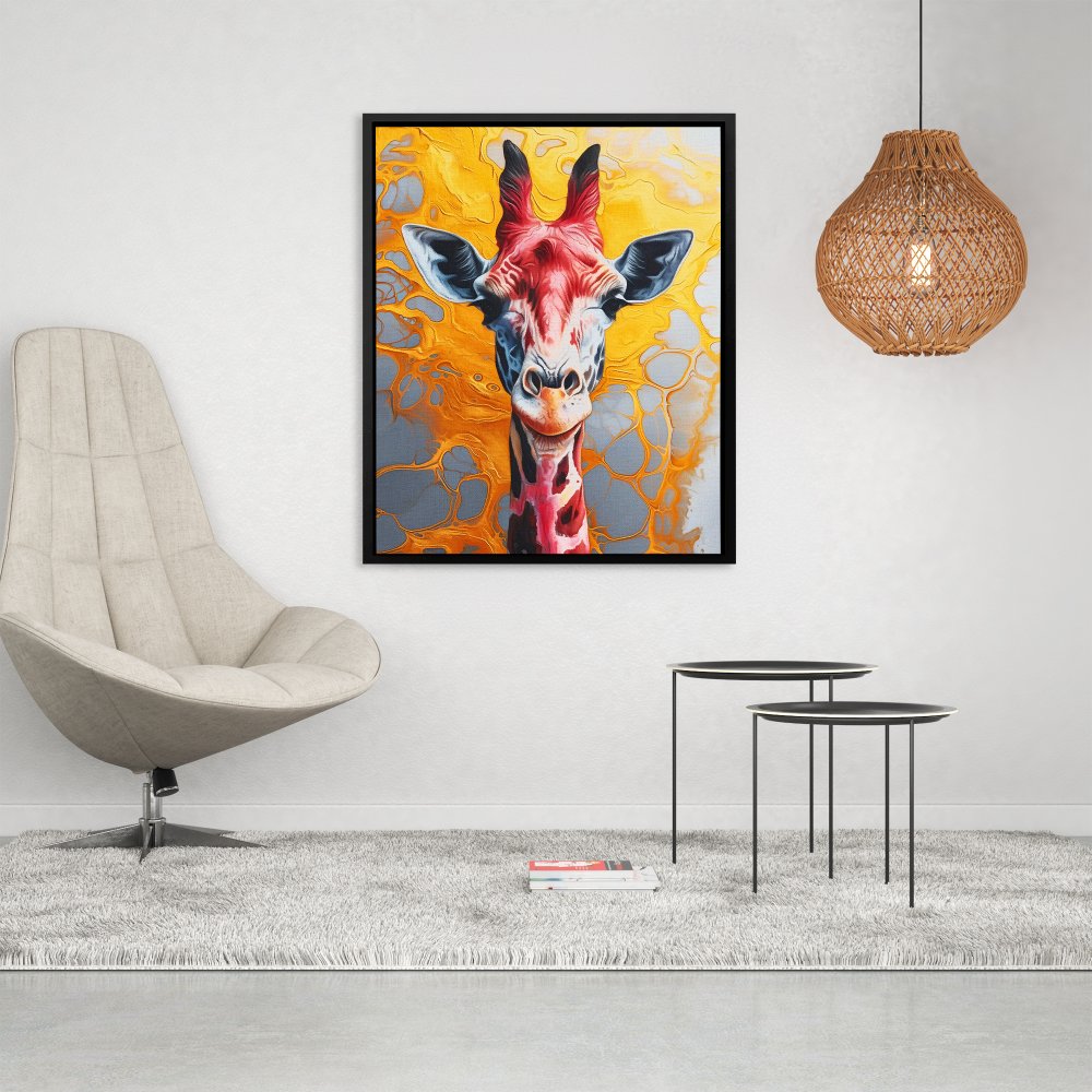 a painting of a giraffe with a yellow background