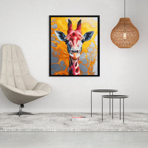 a painting of a giraffe in a living room