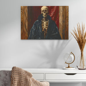 a painting of a skeleton sitting in a chair