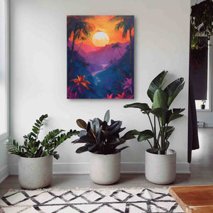 three potted plants sit in front of a painting